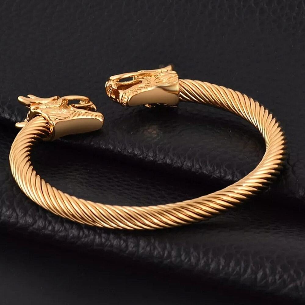 Dragon Head Viking Gold Plated Unisex Cuff Bangle Bracelet - Picture 4 of 6
